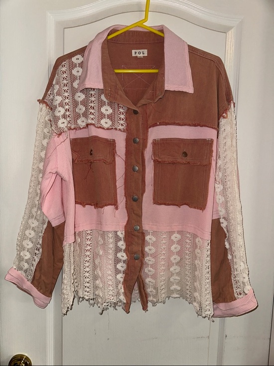POL Tops - POL Pink and Dusty Mauve Mixed-Media Lace Panel Button-Up Blouse